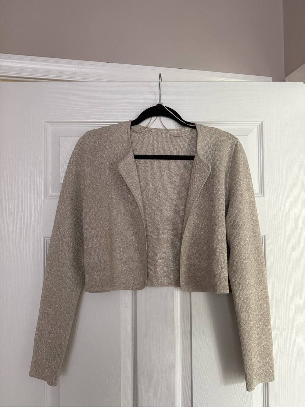 Ann Taylor Sparkle Cropped Open-Front Cardigan in Champagne Beige